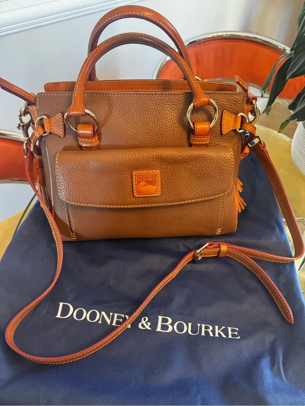 Dooney & Bourke Cognac Brown Pebbled Leather Satchel with Orange Trim
